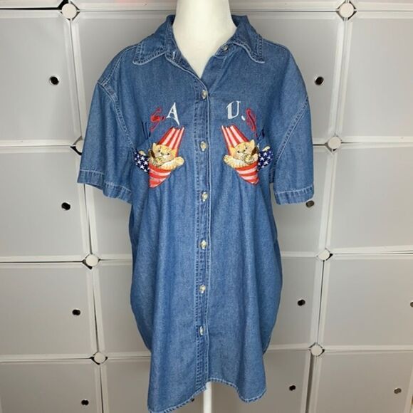 Vintage Cat & USA Embroidered Denim Shirt Size Large - Picture 2 of 9